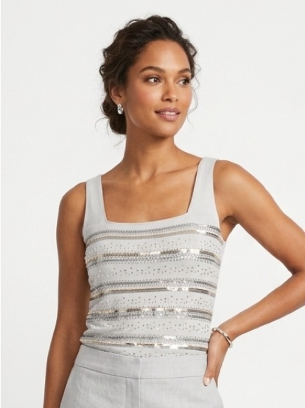 WHBM Feather Gray Sequined Embellished Tank Top XS $78 EUC